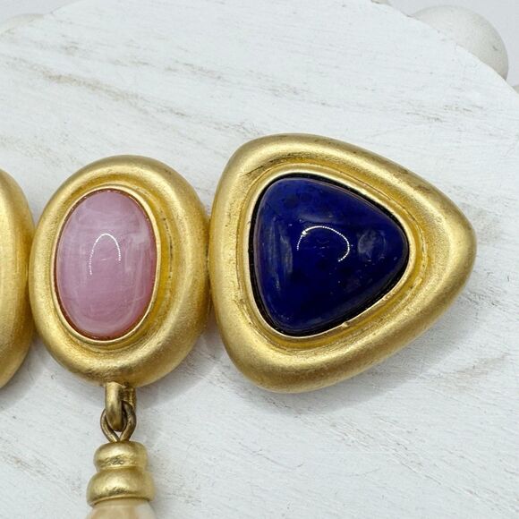 Vintage Mogul Style Pink Faux Gripoix Gold Tone Large Brooch Pin With Drop Pearl - Picture 9 of 9